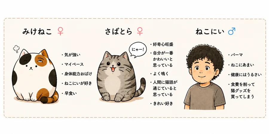 キャラクター紹介。みけねこ・さばとら・ねこにいの3キャラクターのイラスト