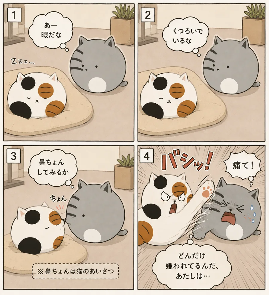 4コマ漫画。うたた寝するみけねこの隣で暇そうにしていたさばとらが、鼻先でそっと挨拶(鼻ちょん)しようと近づいたところ、いきなり猫パンチで撃退されて「痛て!」と驚く4コマ