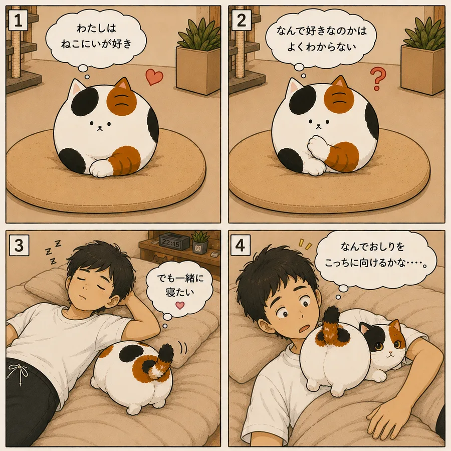 4コマ漫画。みけねこはねこにいが好きだが理由はよくわからないと考えており、一緒に寝たいと思って近づくものの、実際には眠るねこにいにお尻を向けて寝てしまい、ねこにいが困惑する4コマ